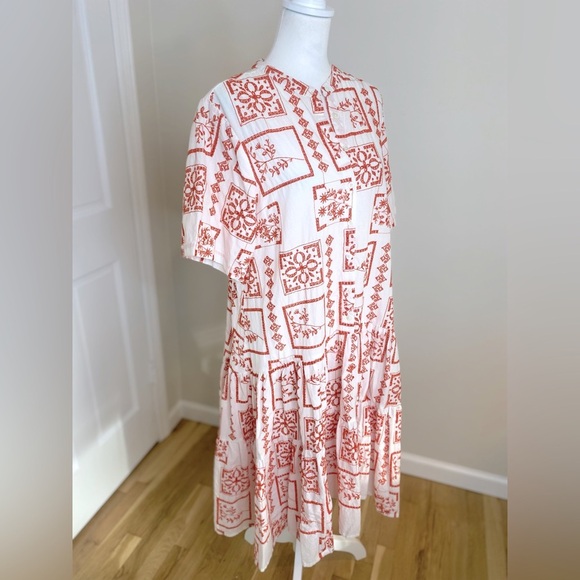Poetry 100% Cotton Bohemian Patchwork White w Poppy Red Embroidery Midi Size 12 - Picture 6 of 9